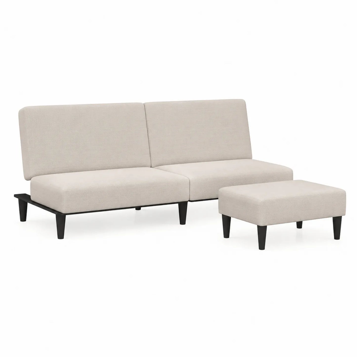 Sofá de tela beige con otomana y patas de ABS