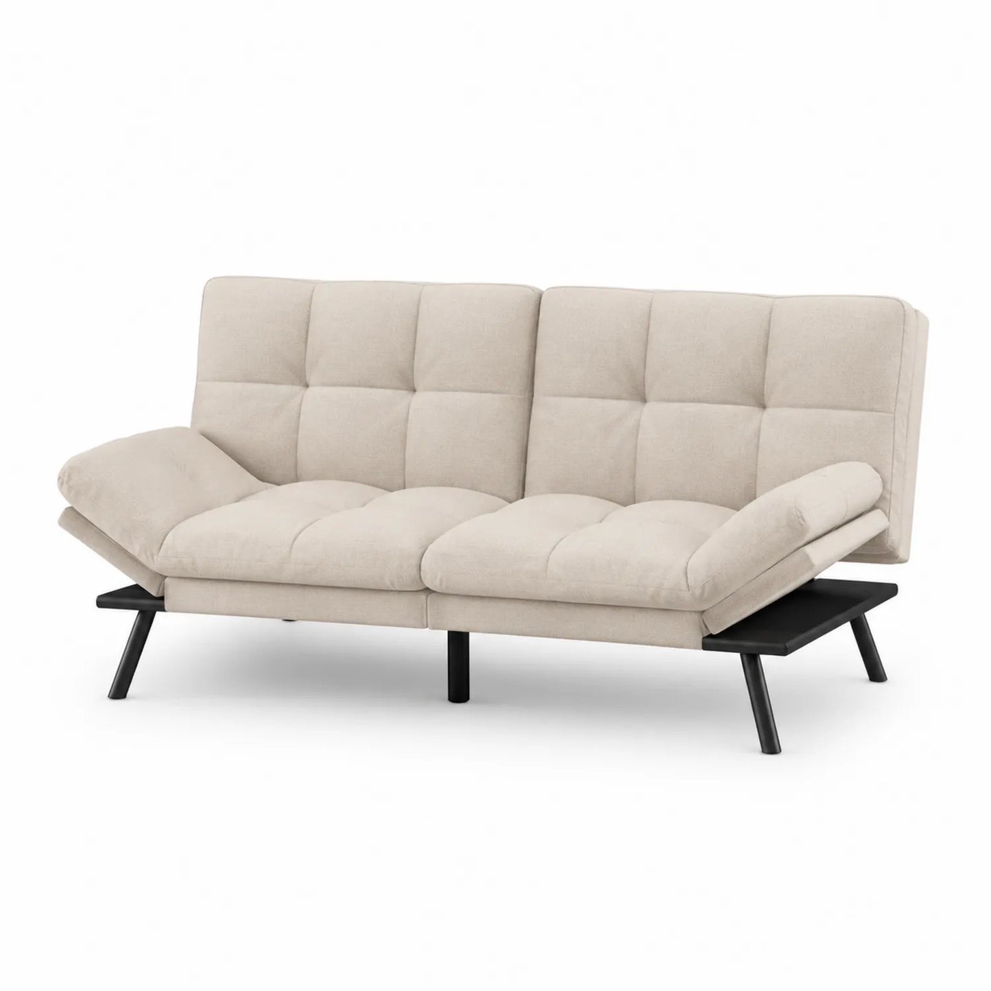 Sofá cama de tela beige con patas de metal