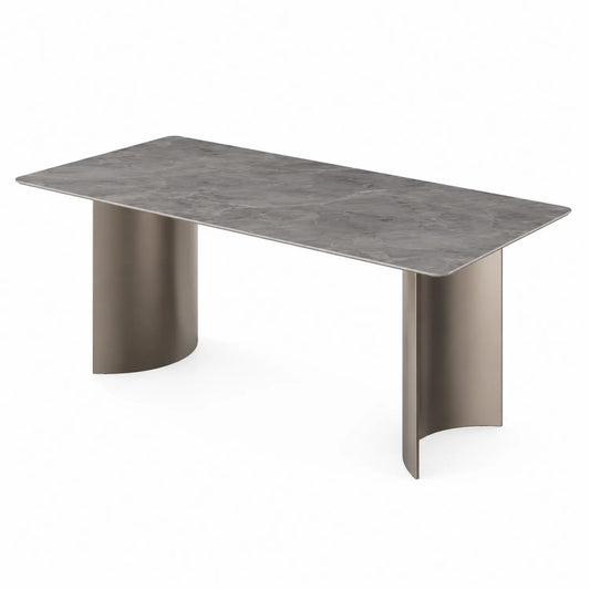 Mesa de comedor rectangular de mármol gris y metal