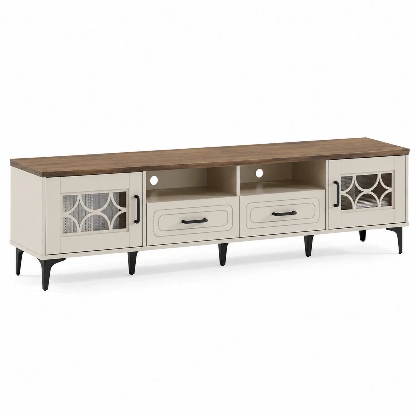 Mueble para TV de madera y metal con puertas decorativas beige y tablero marrón 200x40x50 cm