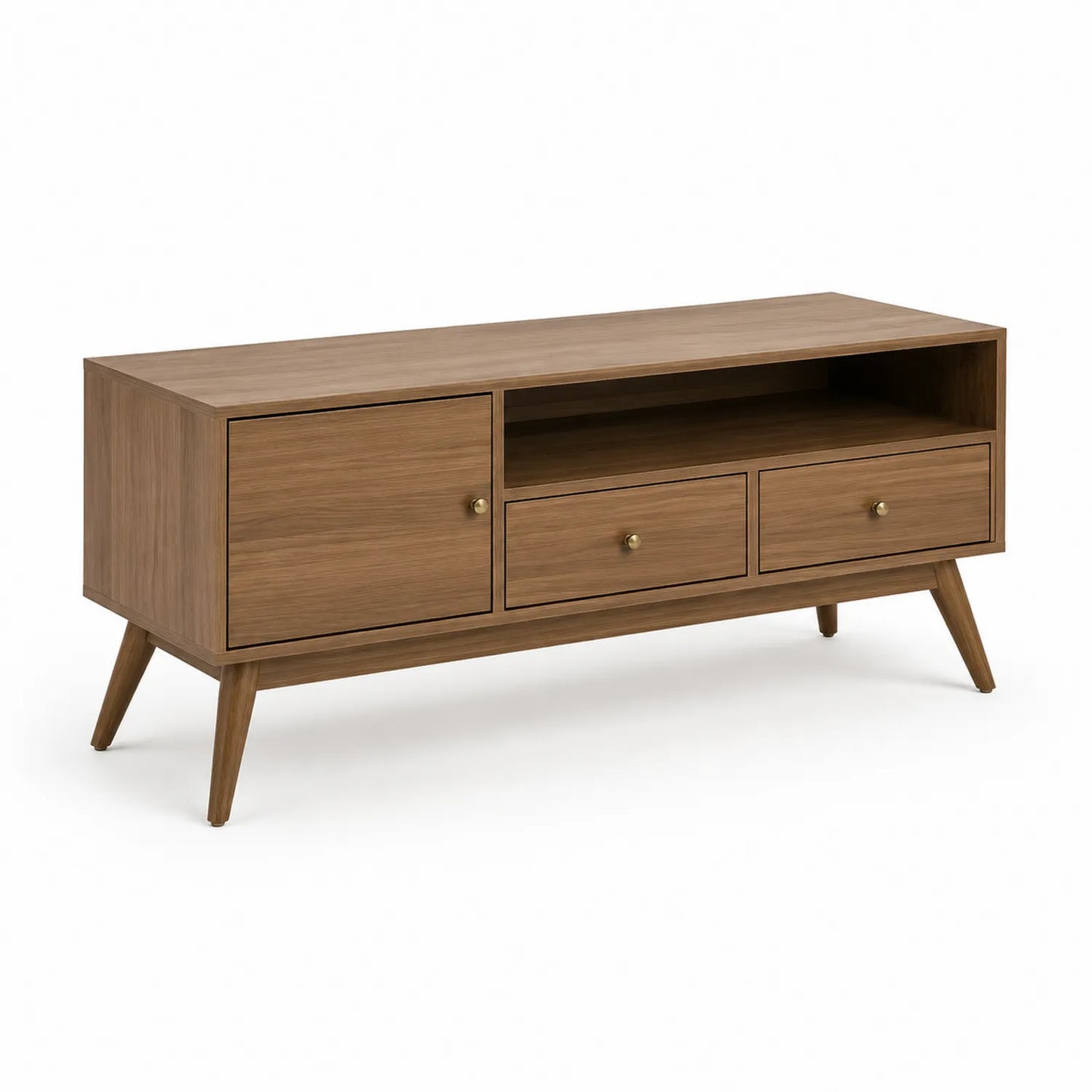 Mueble para TV de madera de nogal con cajones y puerta