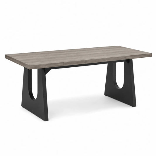 Mesa de comedor rectangular de chapa de madera gris 200x100 cm con patas metálicas negras